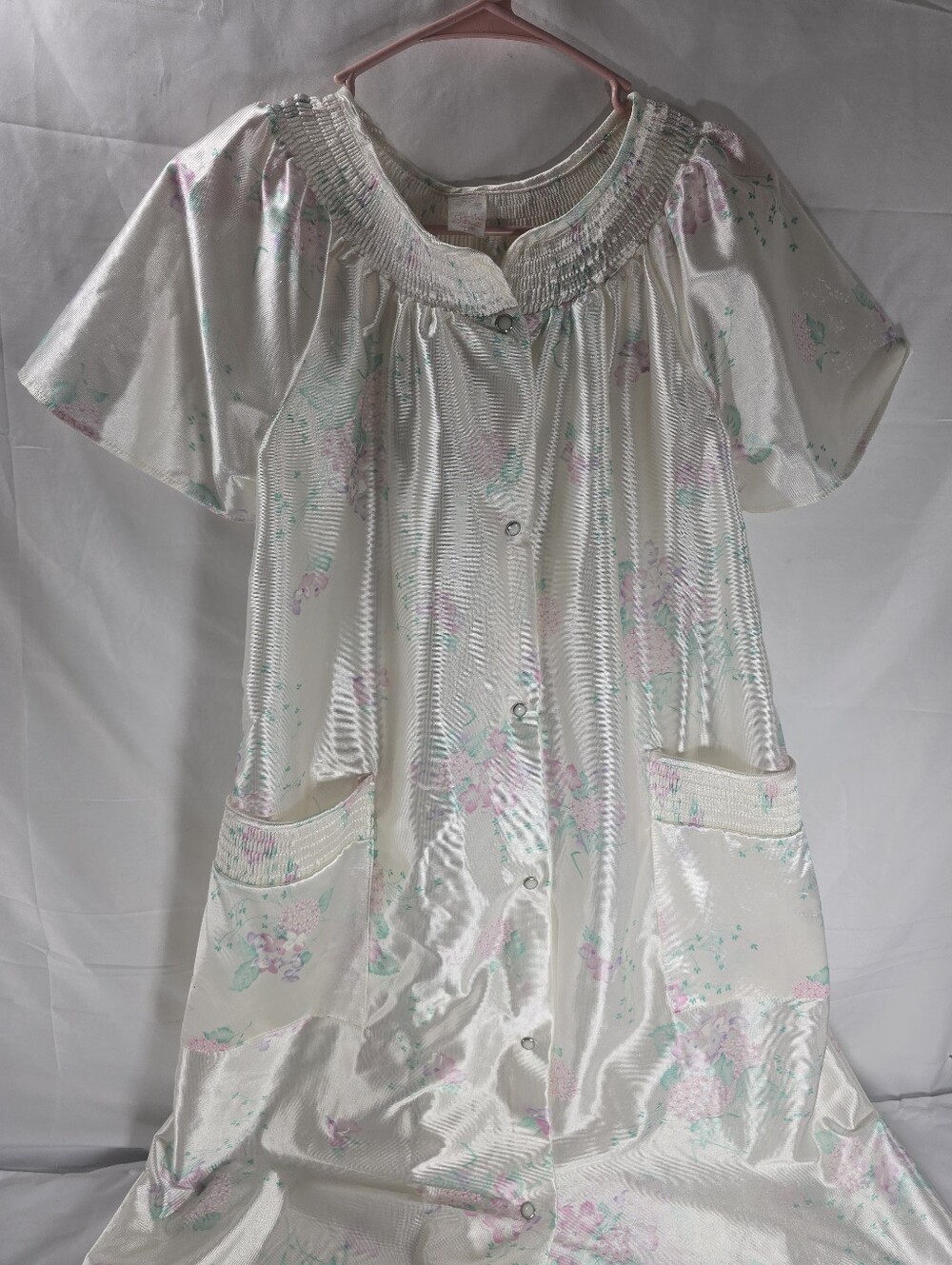 Vintage Intimate Fashions Satin Floral House Dress Snap Front Lounge Gown USA